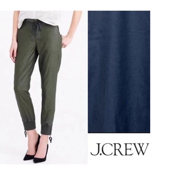 NWT J.Crew Women’s Coated Cavalry Twill Blue Joggers Zip Open Bottom Legs Size 6 - Picture 1 of 12